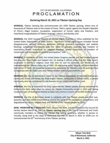 The City of Richmond declared March 10, 2021 as Tibetan Uprising day. 